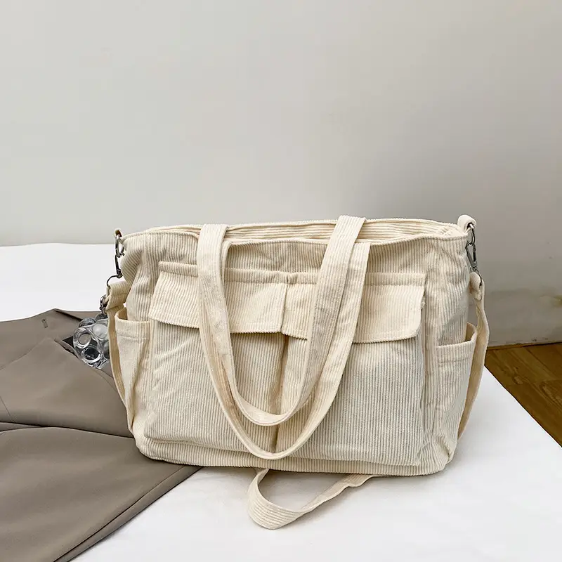 Korean Style Corduroy Tote Bag Large Capacity Brown - Image 3