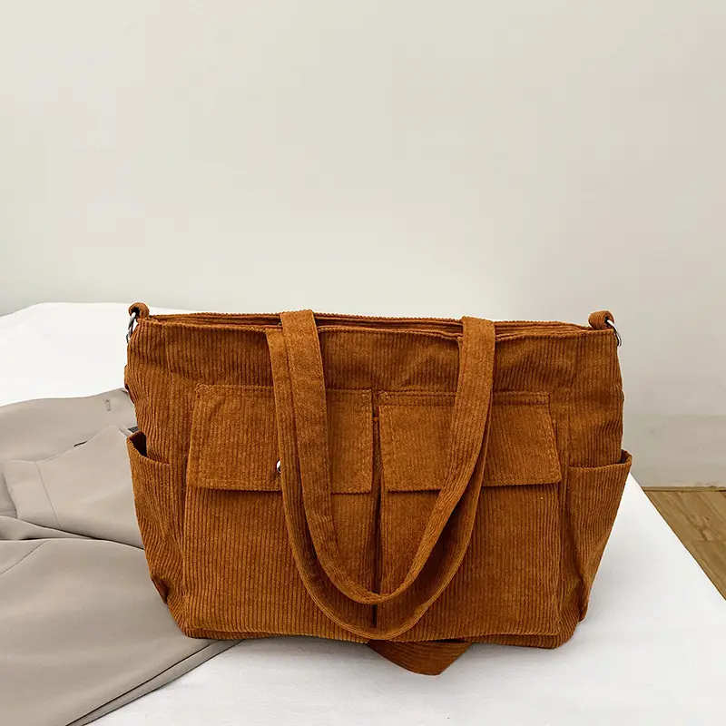 Korean Style Corduroy Tote Bag Large Capacity Brown - Image 4