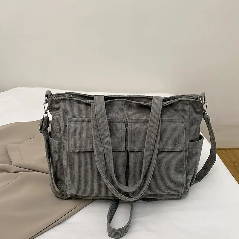 Korean Style Corduroy Tote Bag Large Capacity Brown - Image 5