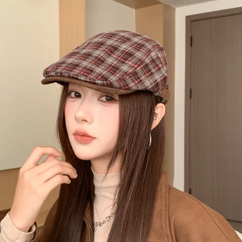 Japanese Retro Plaid Newsboy Cap for Women - Image 8