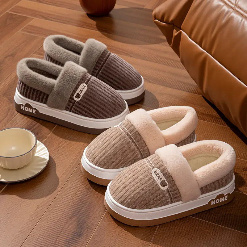 Autumn and Winter New Style Velvet Thick-Soled Warm Cotton Slippers for Girls to Wear at Home and Fashionable Couples High-Heeled Thick-Soled Cotton Slippers