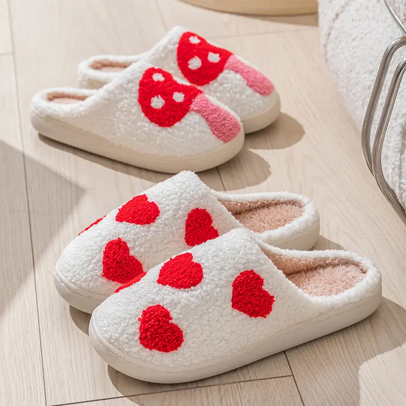 Women Winter Warm Cotton Slippers Red Heart Design