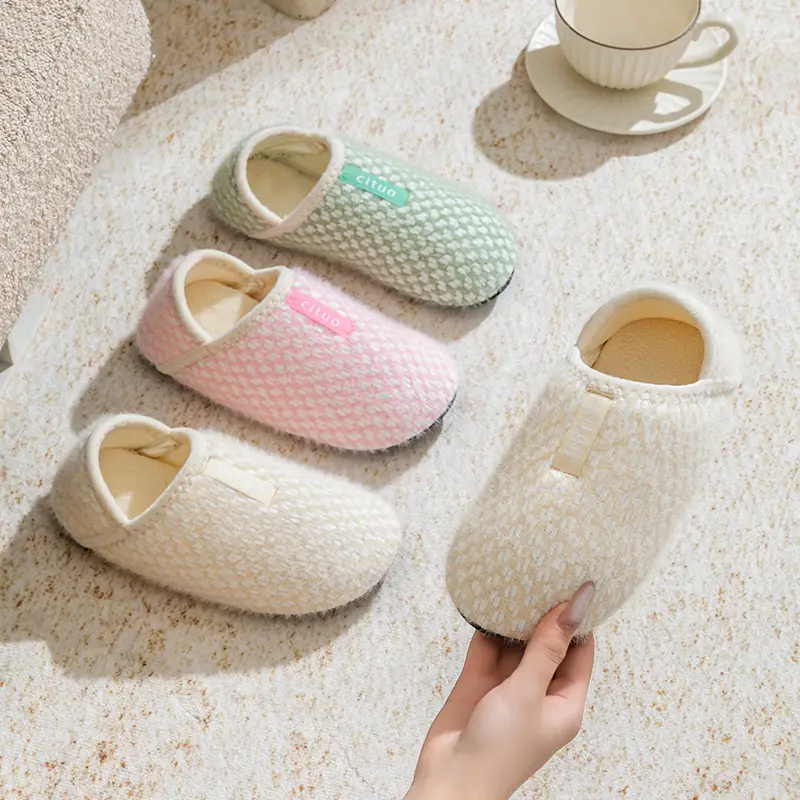 Autumn and Winter Thick-Soled Home Cotton Slippers, Solid Color Maternity Slippers, Knitted Slippers, Comfortable Floor Shoes, Home Shoes, Floor Socks