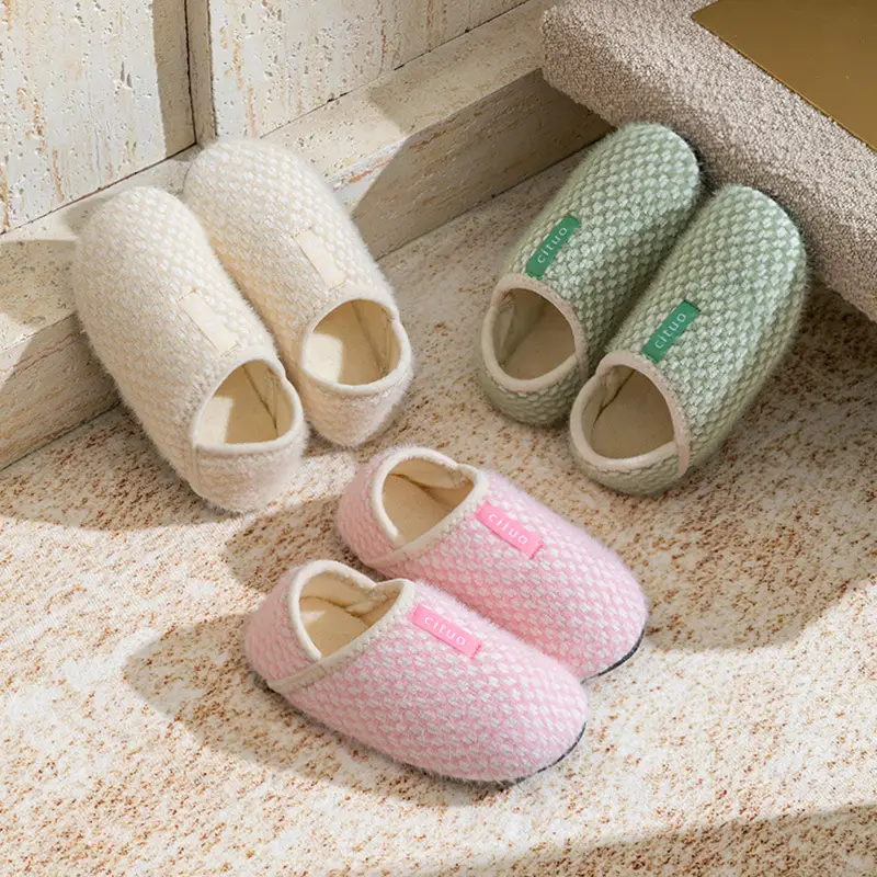 Autumn and Winter Thick-Soled Home Cotton Slippers, Solid Color Maternity Slippers, Knitted Slippers, Comfortable Floor Shoes, Home Shoes, Floor Socks