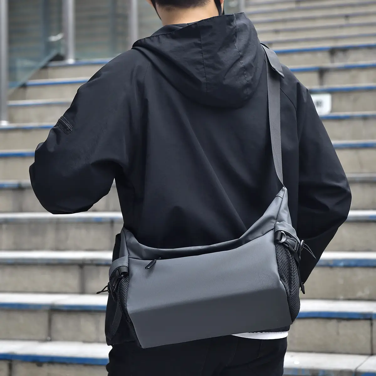 Men's Black Crossbody Messenger Bag with Adjustable Strap - Image 6