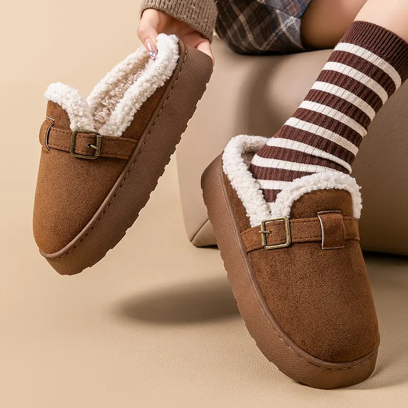 2025 New Birkenstock Shoes for Women in Autumn and Winter Indoor Home Fleece-Lined Warm Retro Slip-On Durable Toe-Cap Cotton Slippers