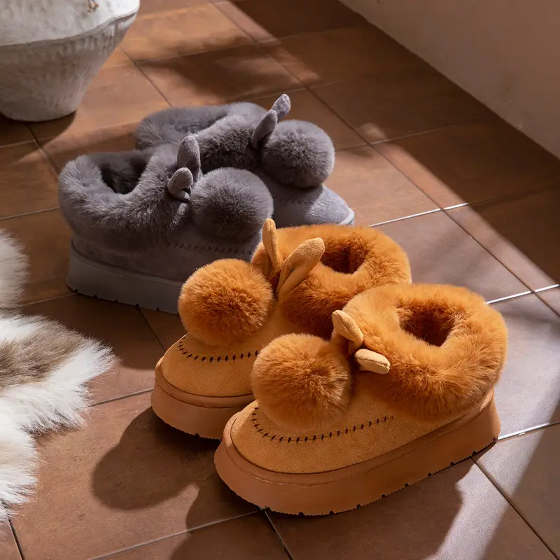Little Ears Cotton Slippers for Women Winter Cute Bag Heel Warm Home Indoor Non-Slip Plush Autumn and Winter Thick-Soled Cotton Shoes - Image 5