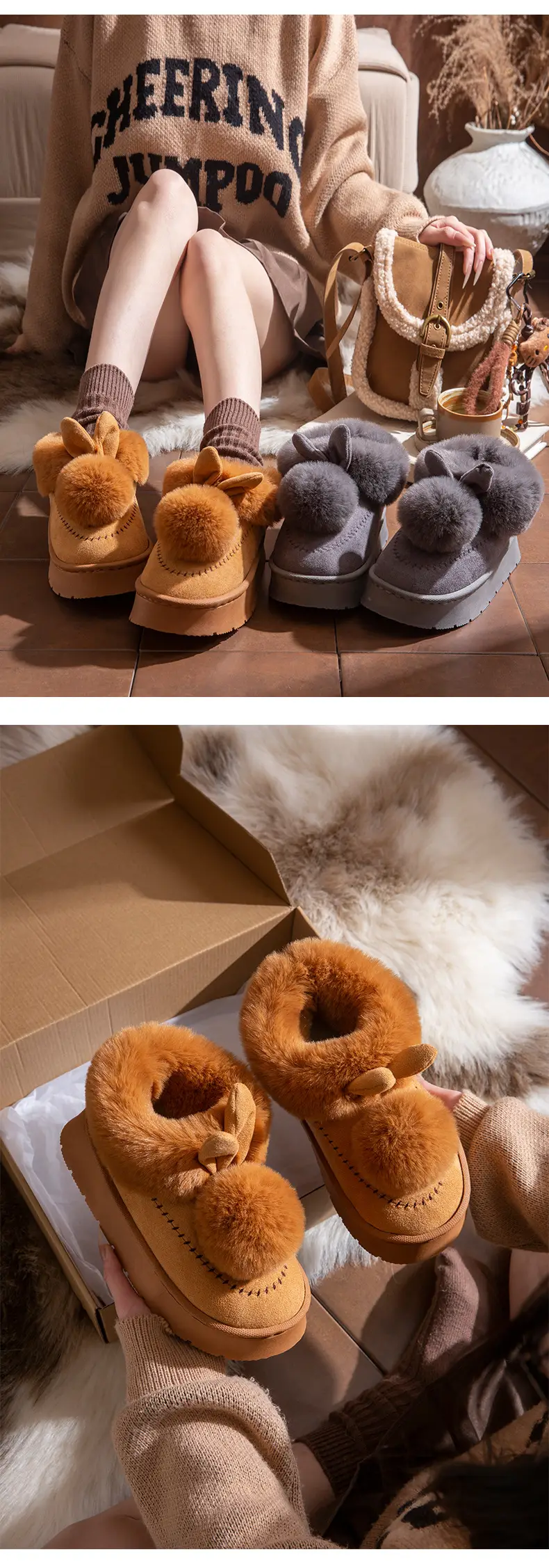 Little Ears Cotton Slippers for Women Winter Cute Bag Heel Warm Home Indoor Non-Slip Plush Autumn and Winter Thick-Soled Cotton Shoes — feature 13