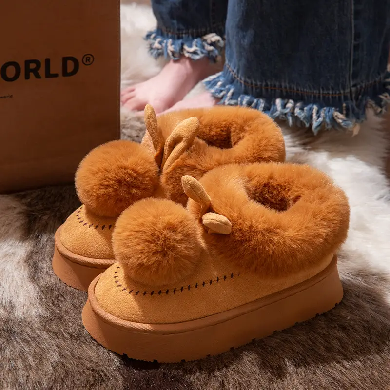 Little Ears Cotton Slippers for Women Winter Cute Bag Heel Warm Home Indoor Non-Slip Plush Autumn and Winter Thick-Soled Cotton Shoes - Image 3