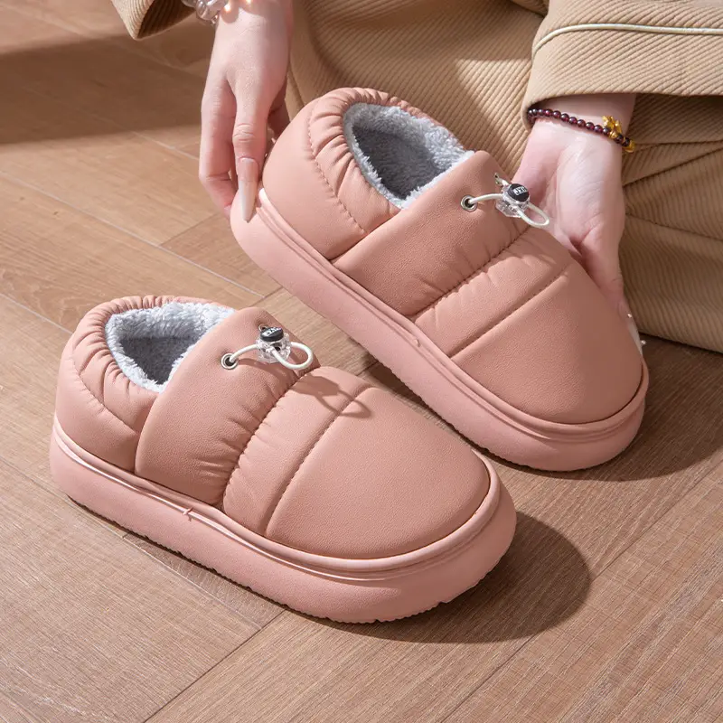 Pu Leather Waterproof Couple Cotton Slippers with Heel Men's Plush Thick-Soled Indoor Floor Non-Slip Home Cotton Shoes Women's Winter - Image 6