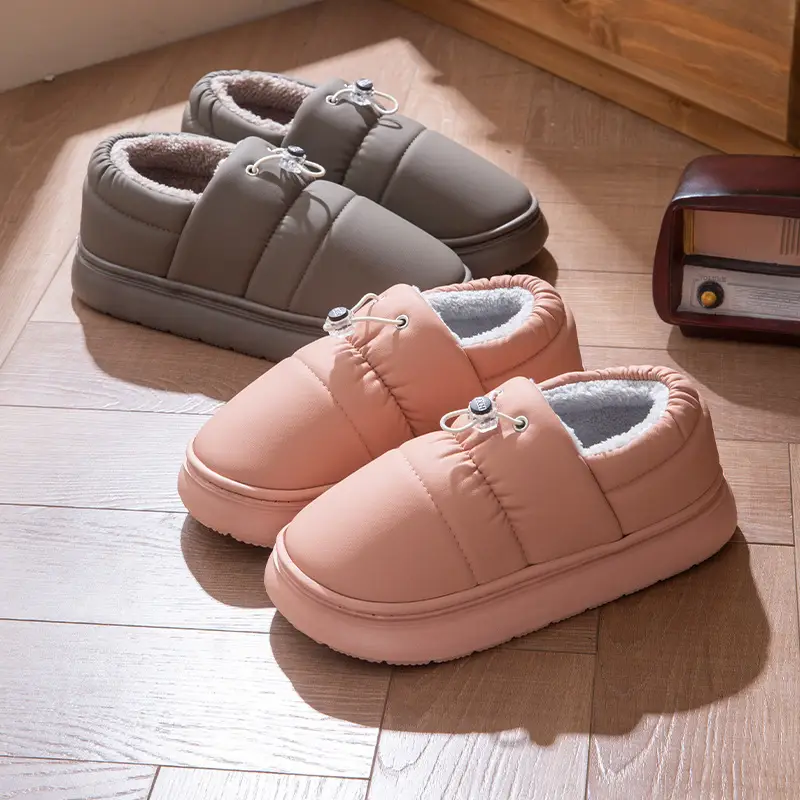 Pu Leather Waterproof Couple Cotton Slippers with Heel Men's Plush Thick-Soled Indoor Floor Non-Slip Home Cotton Shoes Women's Winter - Image 7