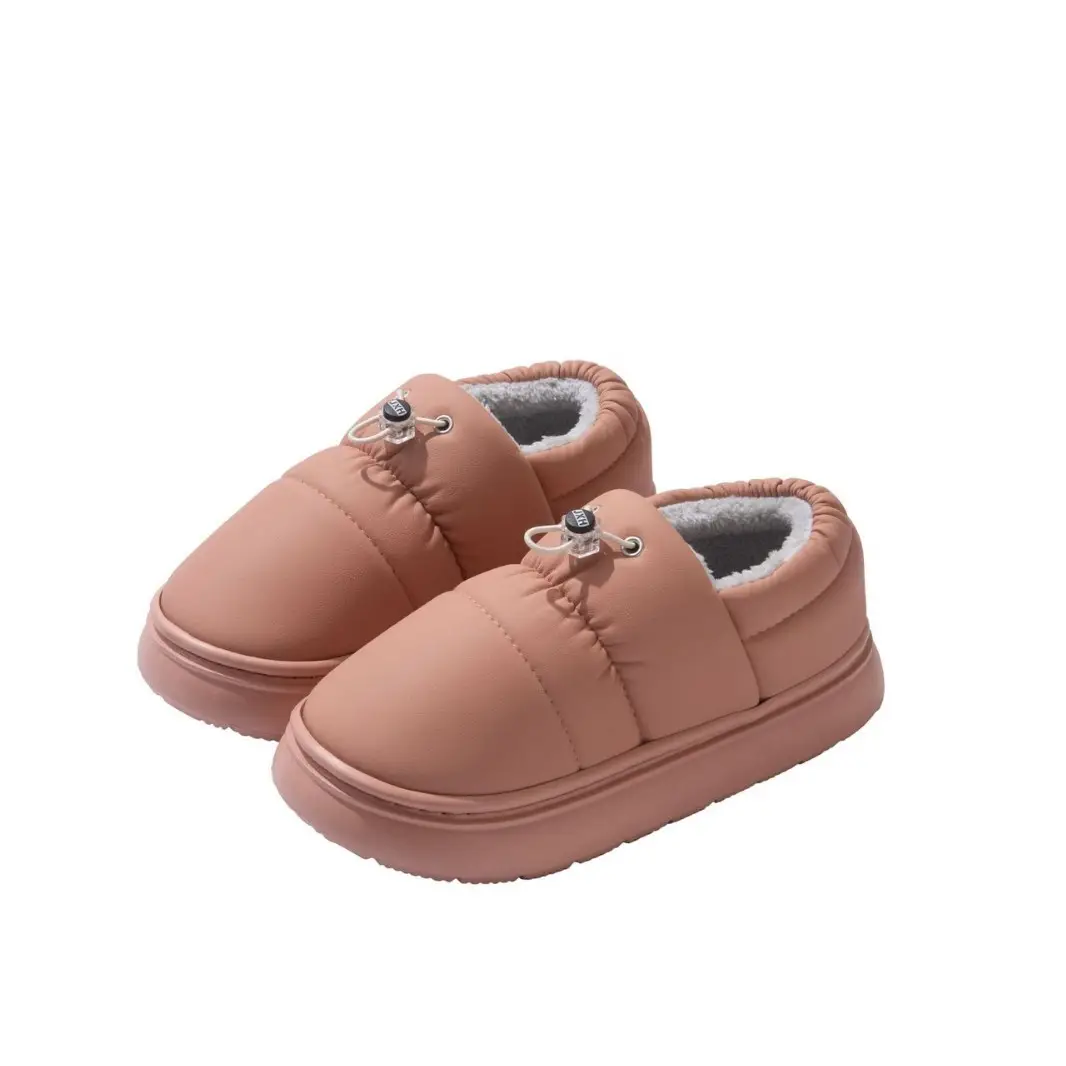 Pu Leather Waterproof Couple Cotton Slippers with Heel Men's Plush Thick-Soled Indoor Floor Non-Slip Home Cotton Shoes Women's Winter - Image 9