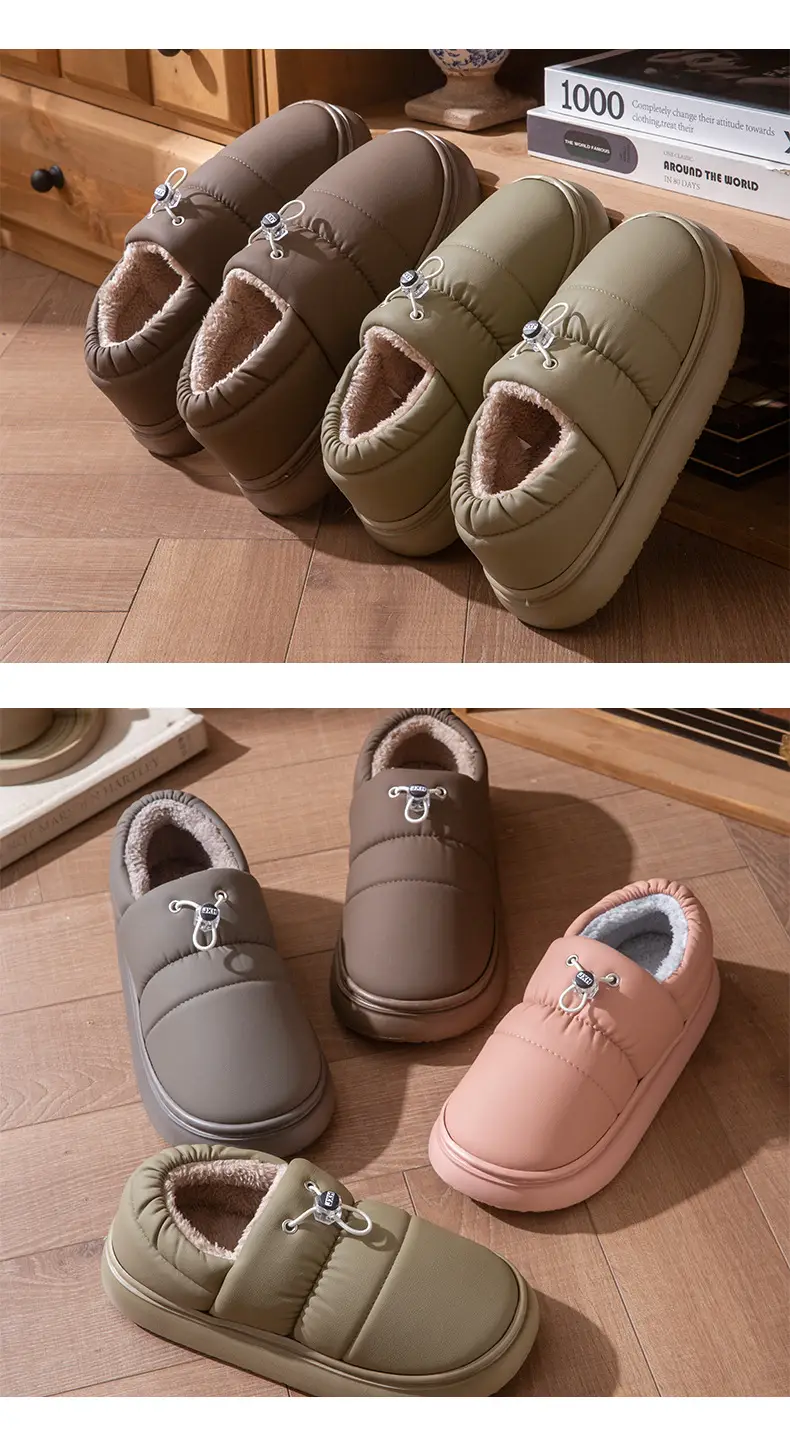 Pu Leather Waterproof Couple Cotton Slippers with Heel Men's Plush Thick-Soled Indoor Floor Non-Slip Home Cotton Shoes Women's Winter — feature 8