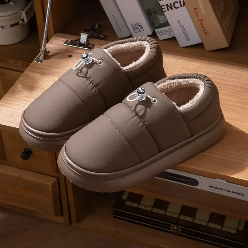 Pu Leather Waterproof Couple Cotton Slippers with Heel Men's Plush Thick-Soled Indoor Floor Non-Slip Home Cotton Shoes Women's Winter - Image 2