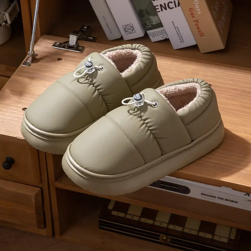 Pu Leather Waterproof Couple Cotton Slippers with Heel Men's Plush Thick-Soled Indoor Floor Non-Slip Home Cotton Shoes Women's Winter - Image 3