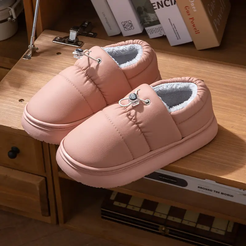 Pu Leather Waterproof Couple Cotton Slippers with Heel Men's Plush Thick-Soled Indoor Floor Non-Slip Home Cotton Shoes Women's Winter - Image 4
