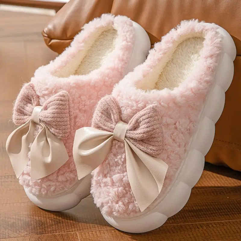 Autumn and Winter Bow Cotton Slippers for Women, Warm Plush Thick-Soled Slippers That Feel Like Stepping on Shit, Indoor Home Household Non-Slip Cotton Slippers - Image 3