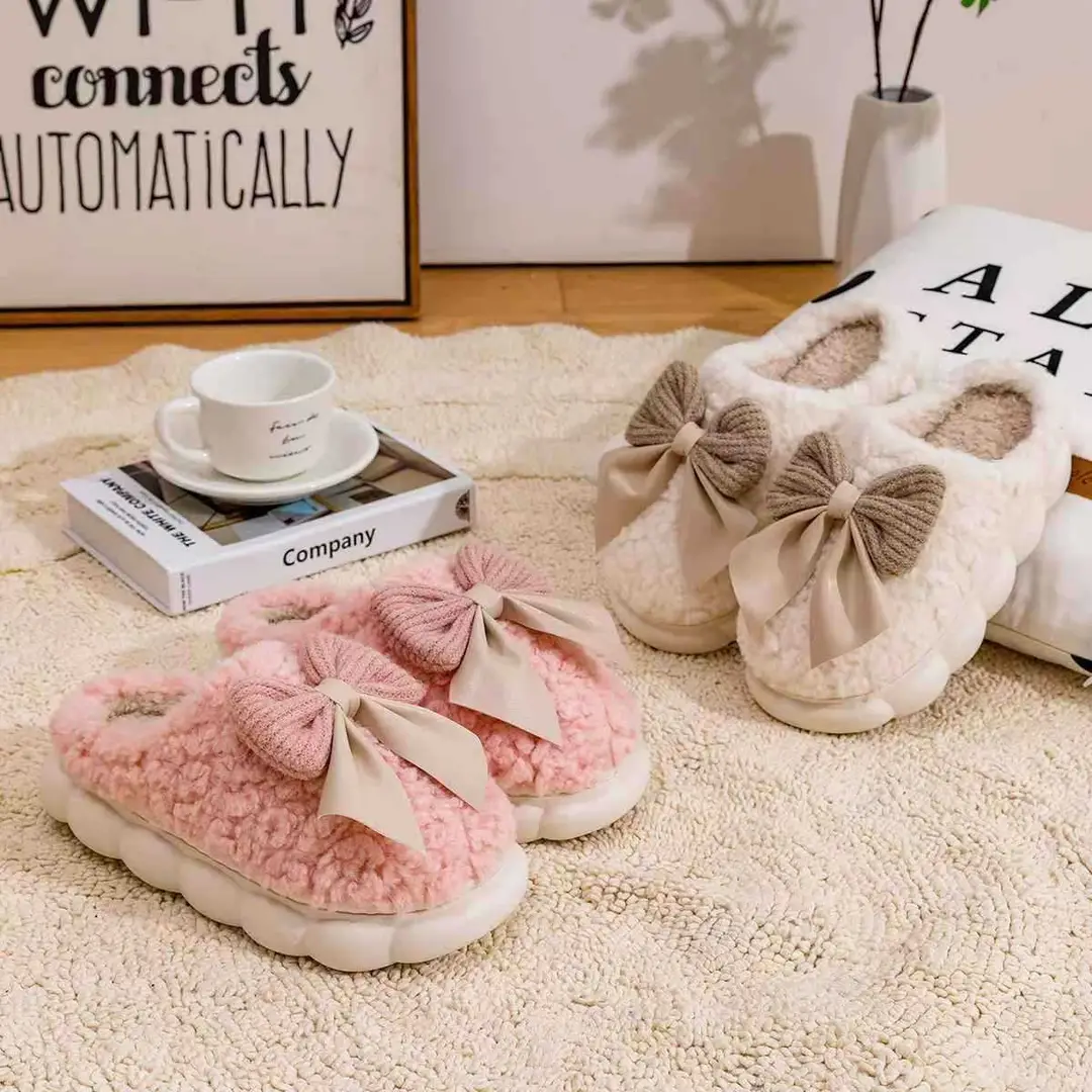 Autumn and Winter Bow Cotton Slippers for Women, Warm Plush Thick-Soled Slippers That Feel Like Stepping on Shit, Indoor Home Household Non-Slip Cotton Slippers - Image 5