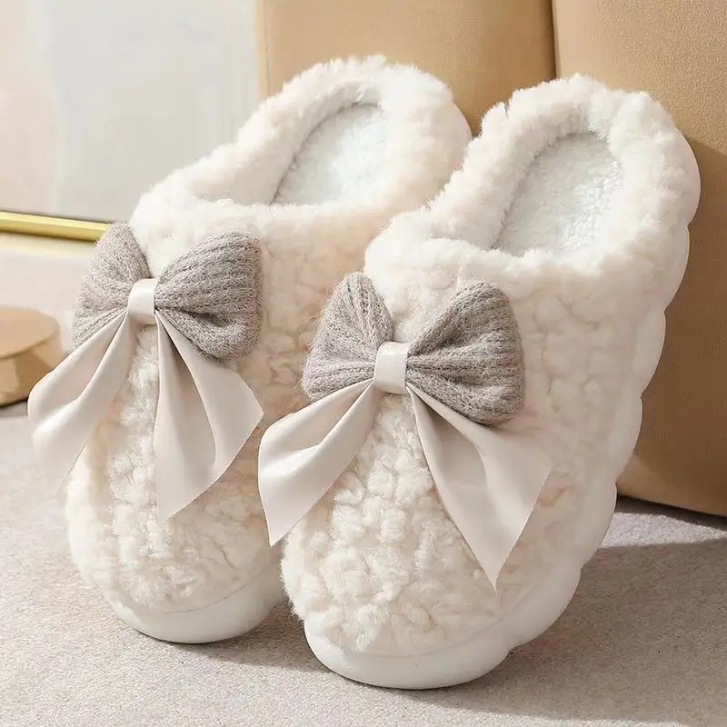 Autumn and Winter Bow Cotton Slippers for Women, Warm Plush Thick-Soled Slippers That Feel Like Stepping on Shit, Indoor Home Household Non-Slip Cotton Slippers - Image 2