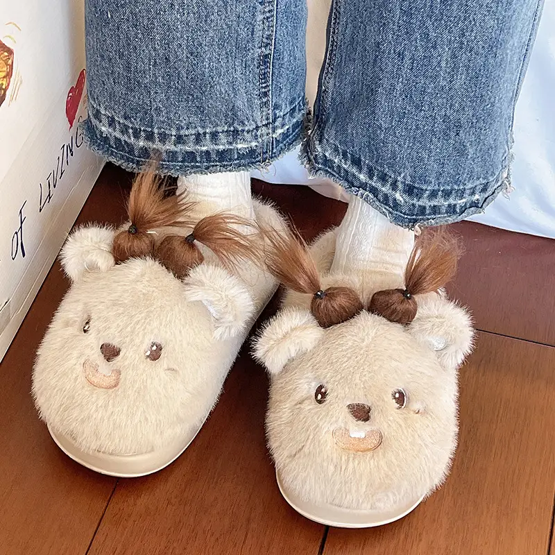 Qidan Shoe Factory Cartoon Cotton Slippers for Women Autumn and Winter Home Indoor Warm Outerwear Non-Slip Cute Furry Slippers for Women - Image 2