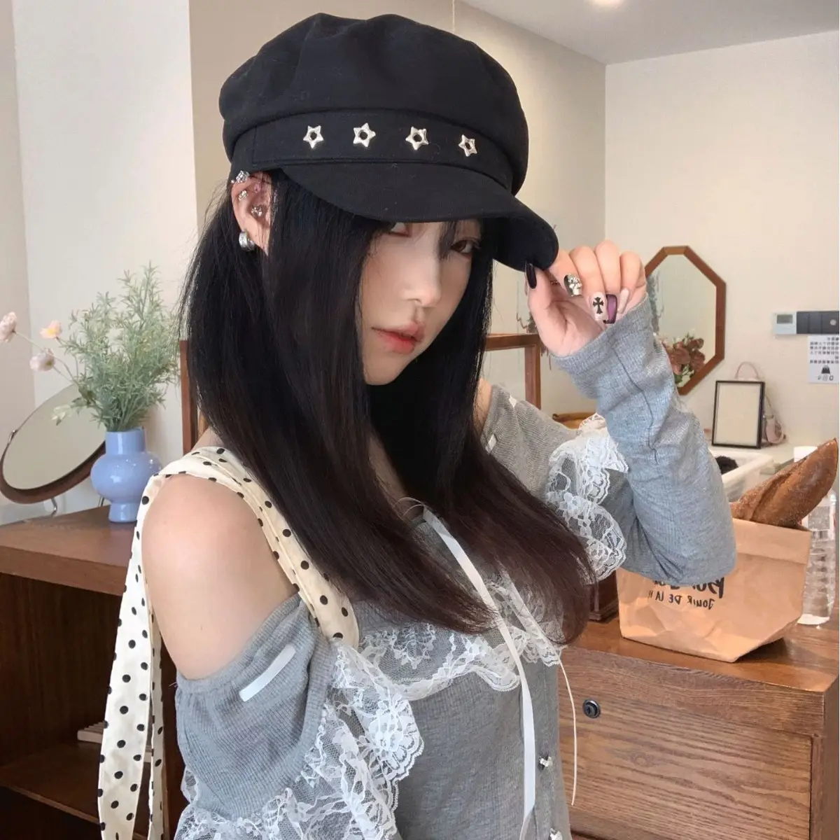 Women's Star Black Beret Hat Navy Autumn Wear - Image 2