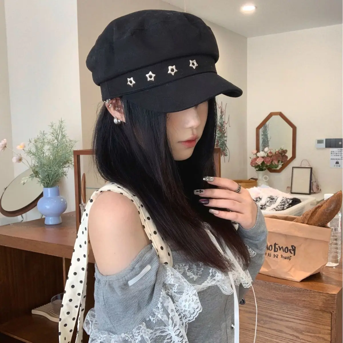 Women's Star Black Beret Hat Navy Autumn Wear - Image 3