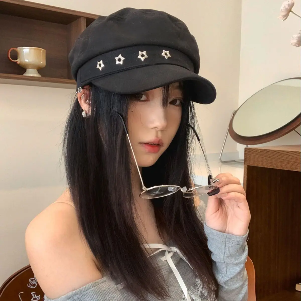 Women's Star Black Beret Hat Navy Autumn Wear - Image 4