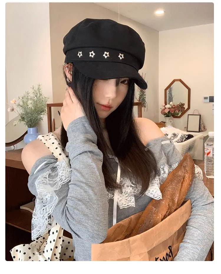 Women's Star Black Beret Hat Navy Autumn Wear — feature 10