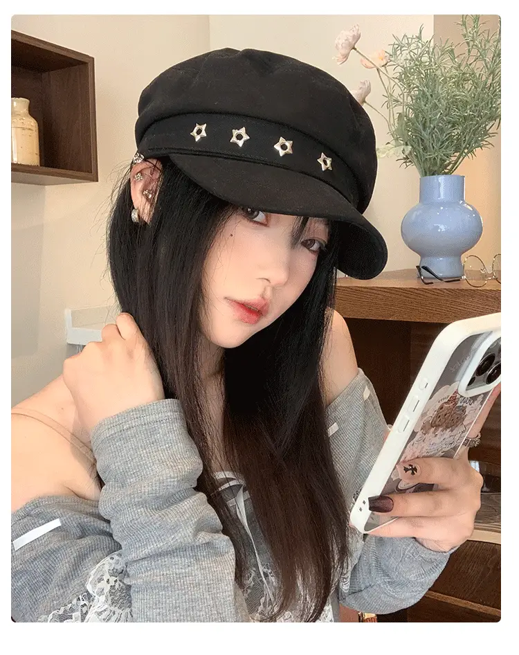 Women's Star Black Beret Hat Navy Autumn Wear — feature 12