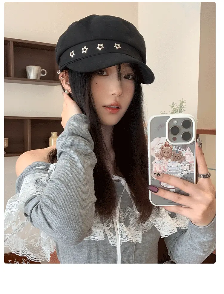 Women's Star Black Beret Hat Navy Autumn Wear — feature 13