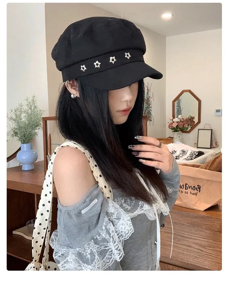 Women's Star Black Beret Hat Navy Autumn Wear — feature 8