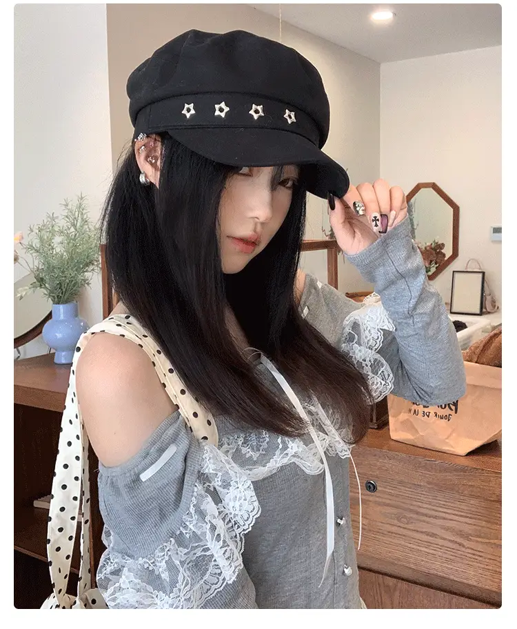 Women's Star Black Beret Hat Navy Autumn Wear — feature 9