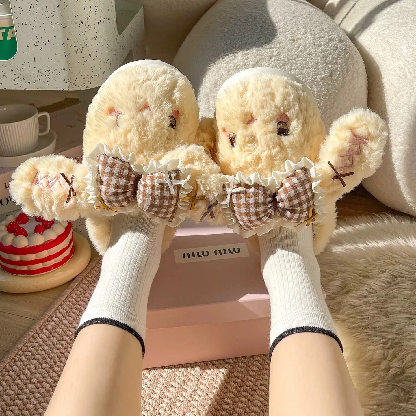 Autumn Winter Velvet Rabbit Bow Non-Slip Slippers for Women