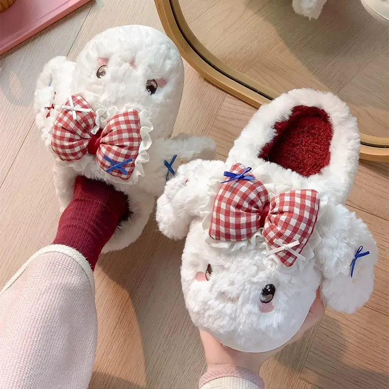Autumn Winter Velvet Rabbit Bow Non-Slip Slippers for Women