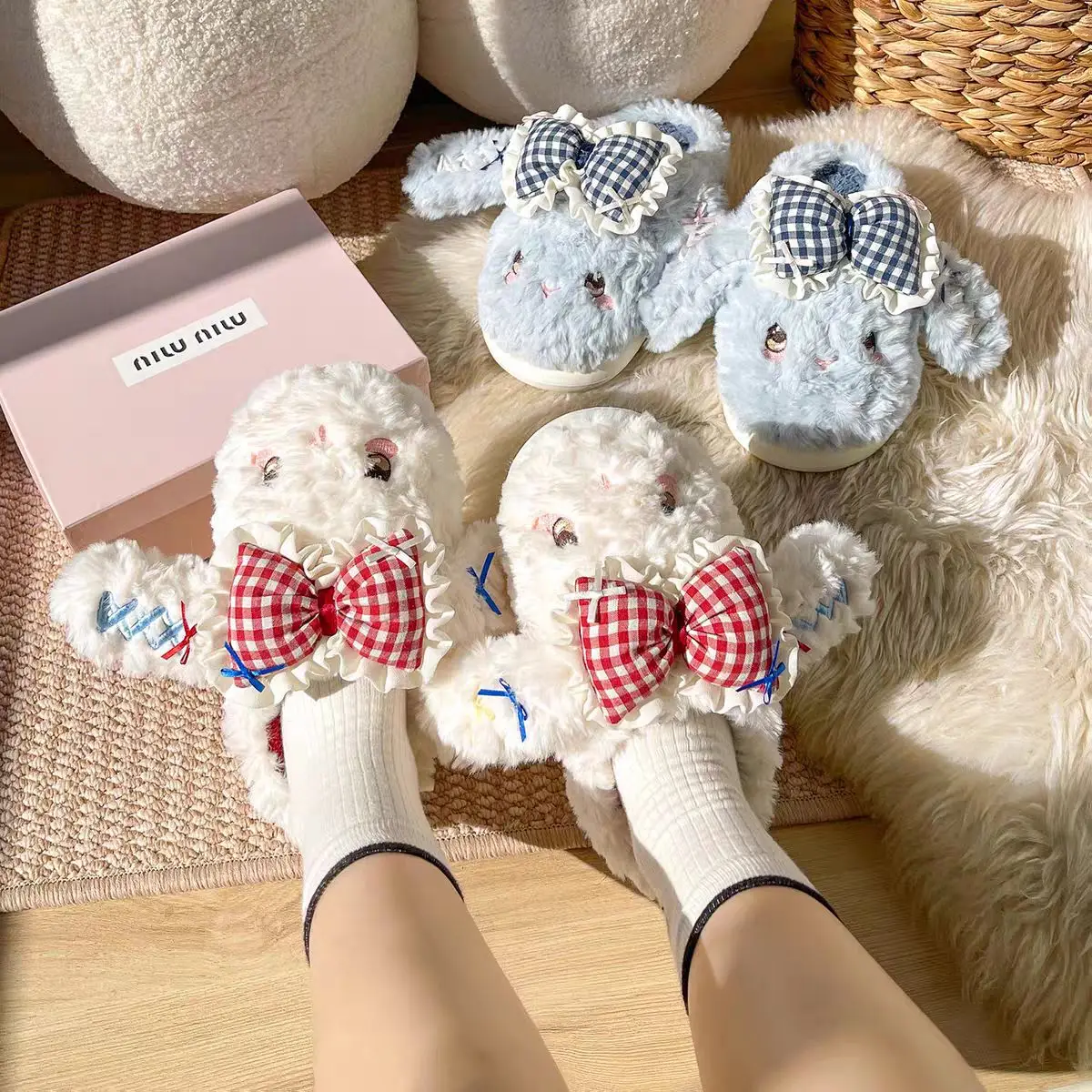 Autumn Winter Velvet Rabbit Bow Non-Slip Slippers for Women — feature 10