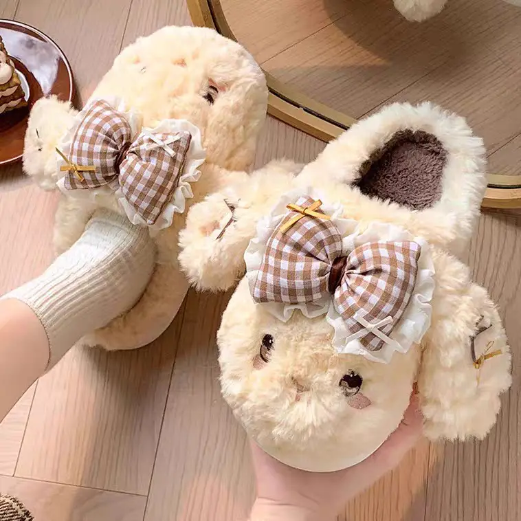 Autumn Winter Velvet Rabbit Bow Non-Slip Slippers for Women