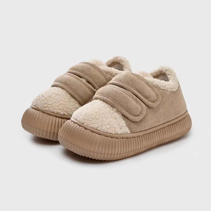 Women Cotton Slippers Warm Plush Indoor Non-Slip Velcro