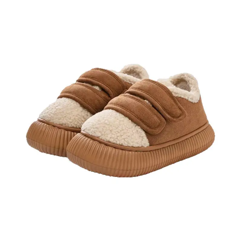 Women Cotton Slippers Warm Plush Indoor Non-Slip Velcro