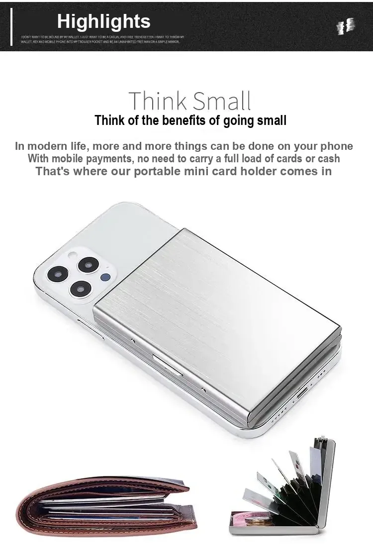Silver card holder shown beside a phone, a folded wallet, and an open holder