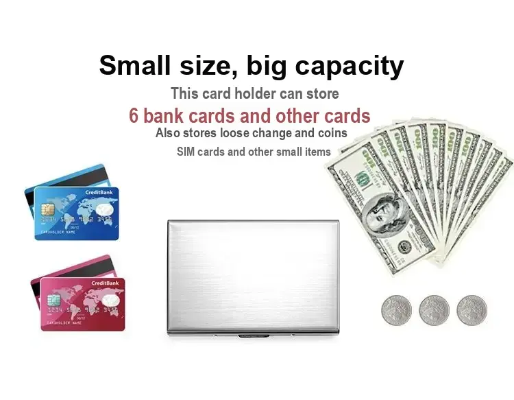 Panel illustrates cards, cash, and coins alongside the closed holder
