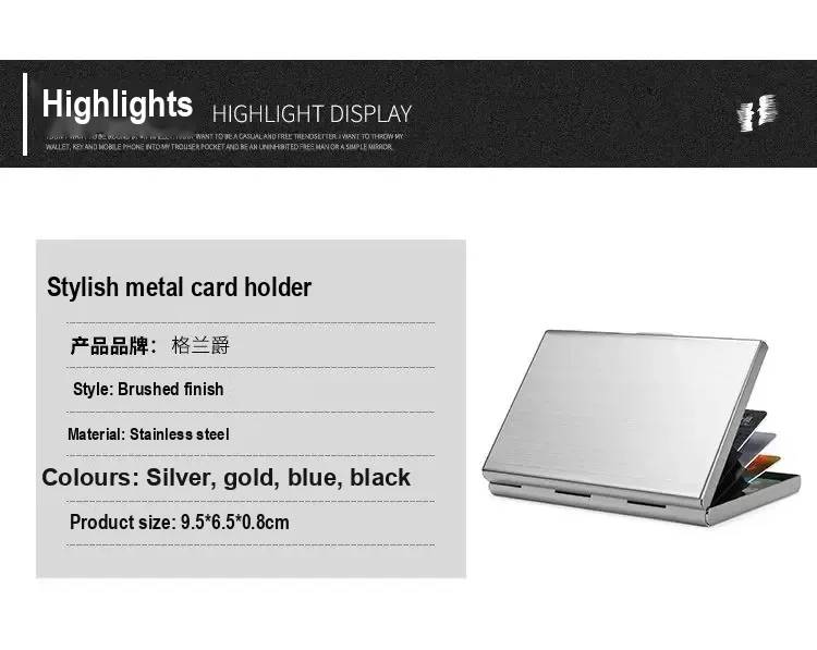 Product panel shows a silver holder and states dimensions of 9.5 × 6.5 × 0.8 cm