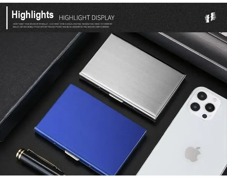 Silver and blue card holders shown beside a phone