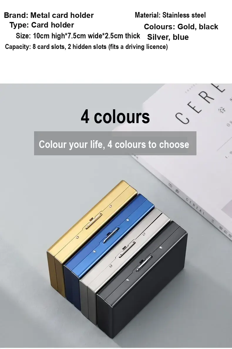 Chinese specification panel states stainless steel, dimensions, four colours, and compartment count