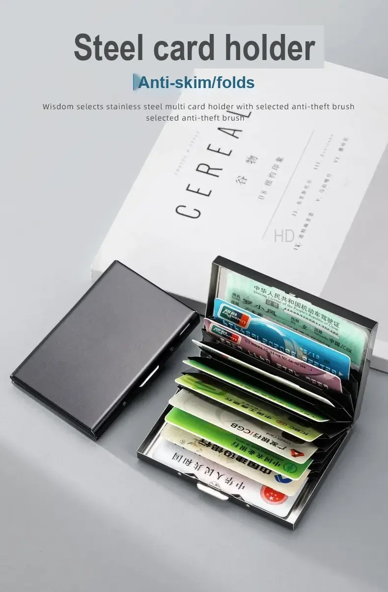 Open card holder with Chinese text describing anti-theft protection