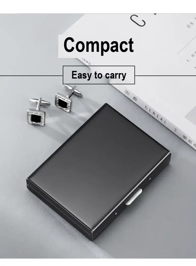 Closed dark card holder beside cufflinks