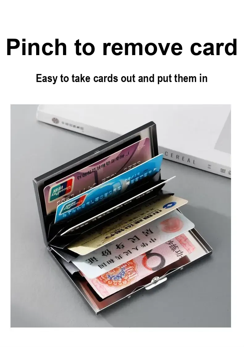 Open holder displaying cards and folded banknotes
