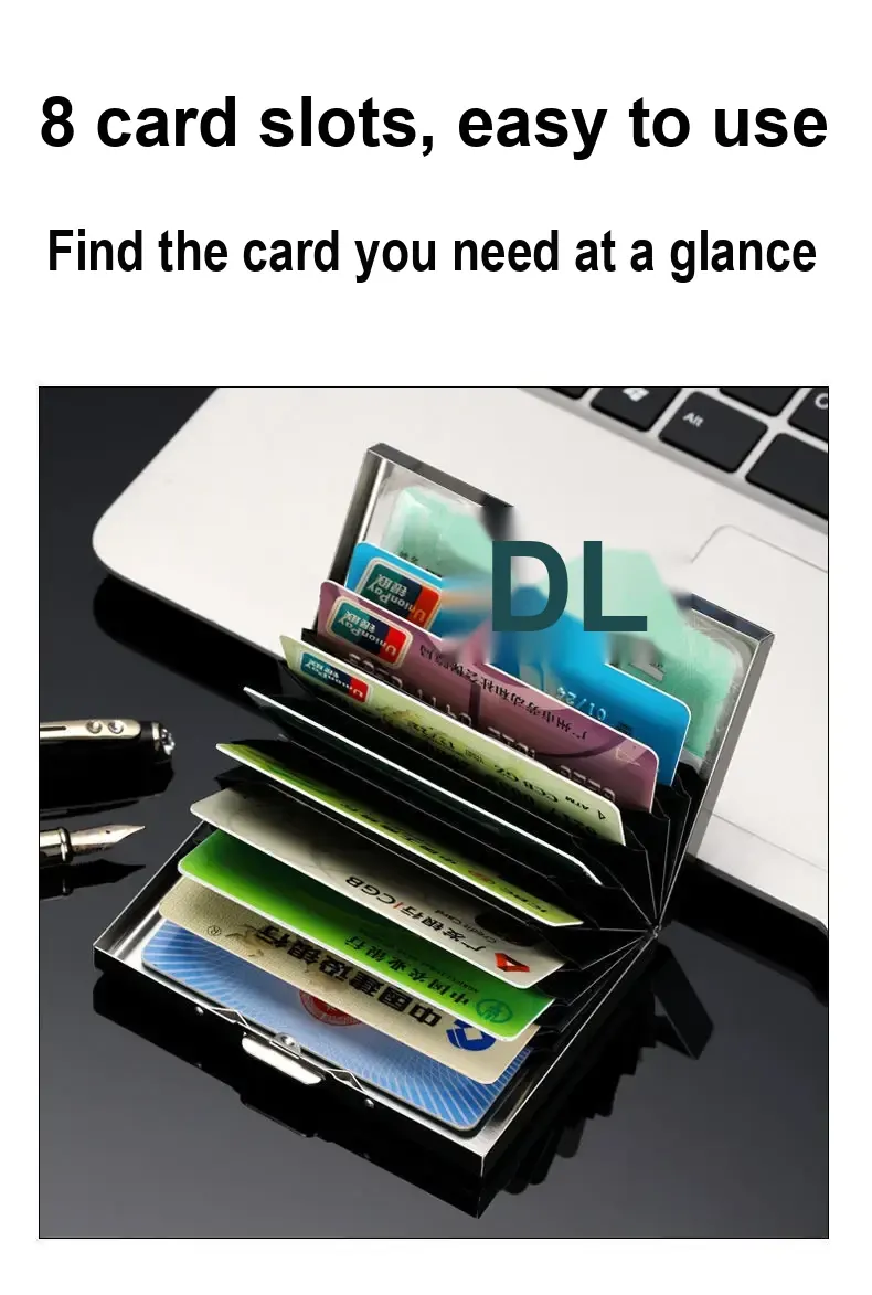 Open card holder displaying multiple cards in its slots