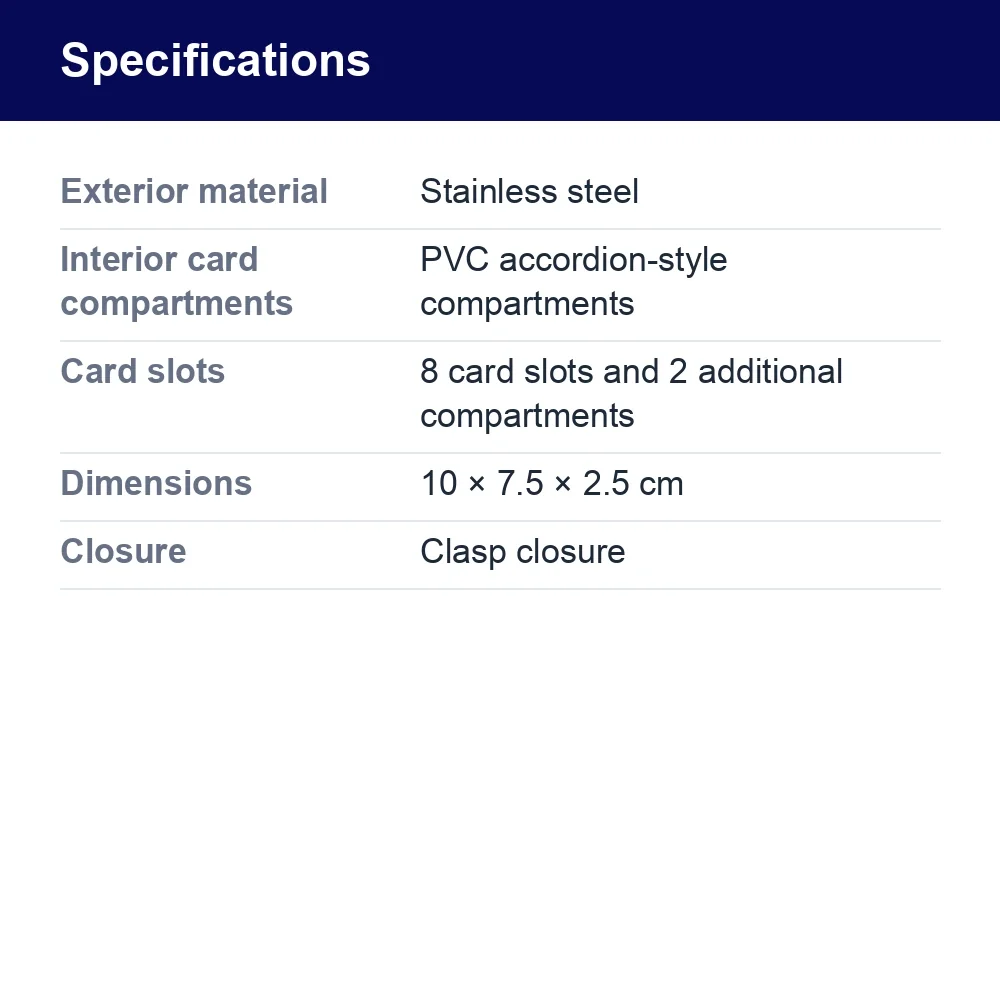Stainless Steel Card Holder – 8 Slots, 4 Colours – specifications
