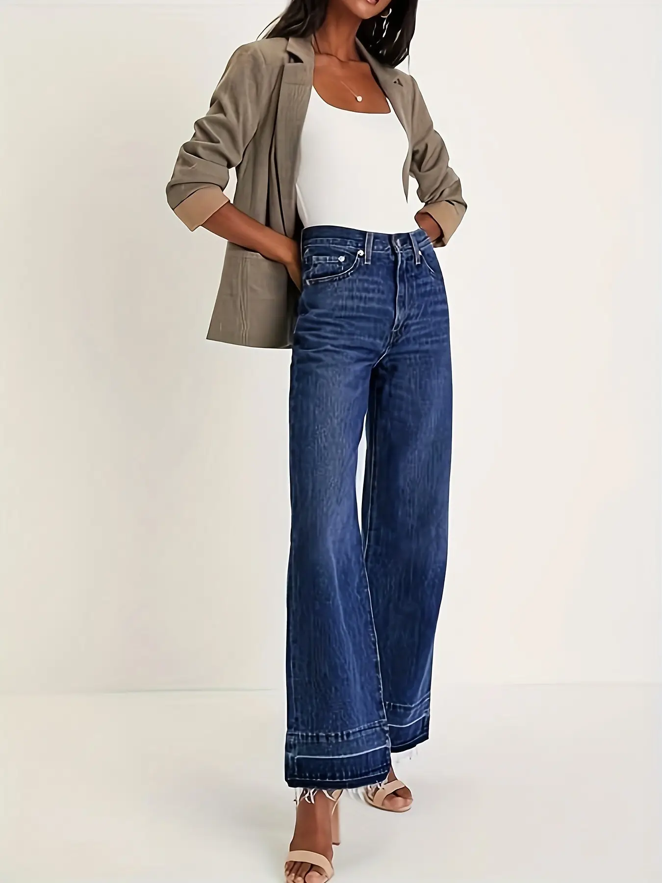 Dark Blue Wide Leg Jeans for Women with Creases Hem