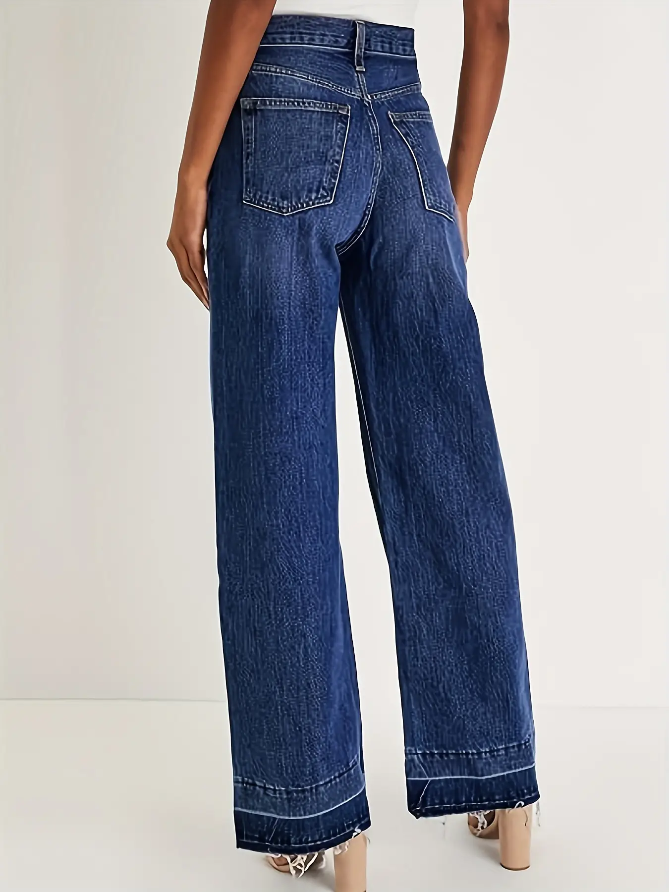 Dark Blue Wide Leg Jeans for Women with Creases Hem